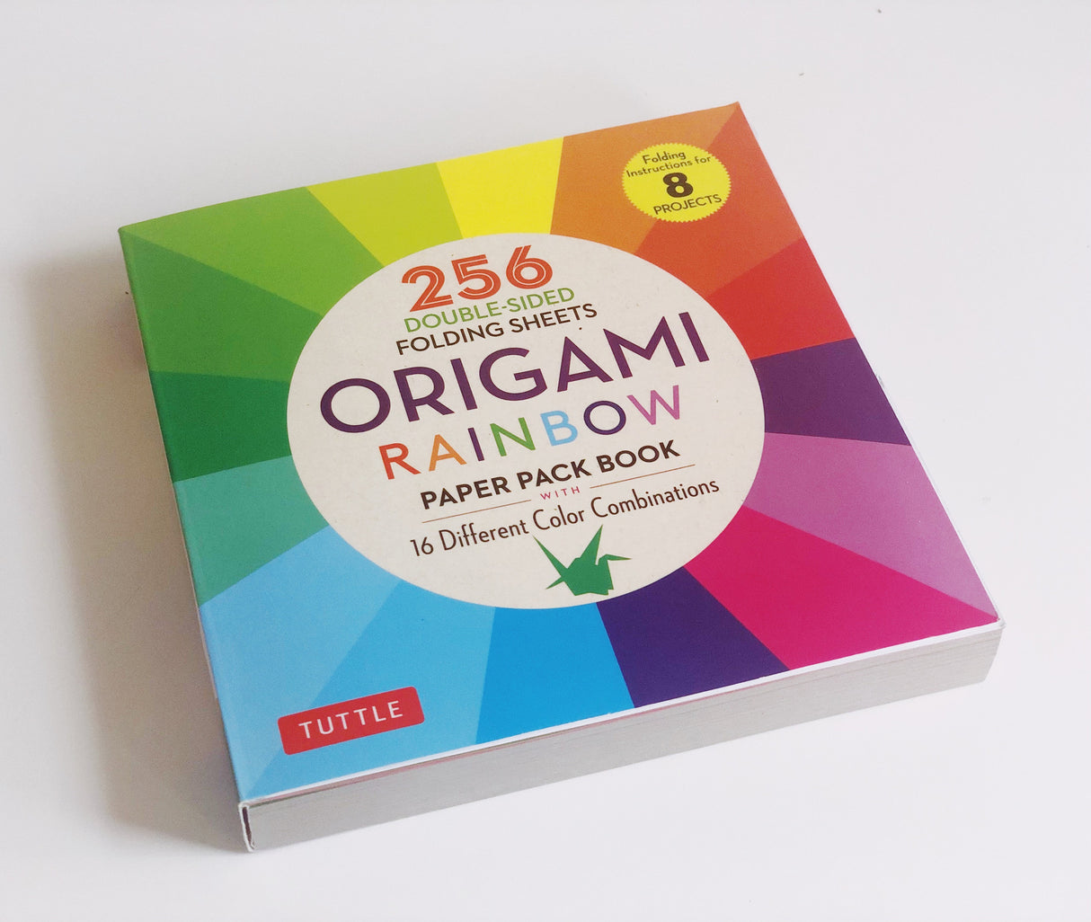 Origami Rainbow Paper Pack with 256 double-sided sheets in 16 vibrant colors and instructions for 8 folding projects.