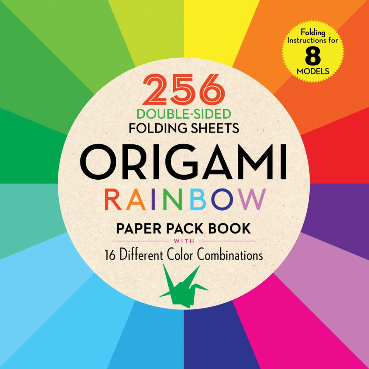 Origami Rainbow Paper Pack featuring 256 double-sided folding sheets in 16 vibrant color combinations and folding instructions.