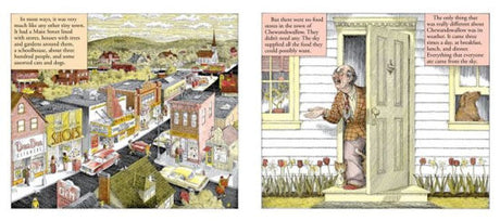 Cloudy With a Chance of Meatballs book illustration showing a tiny town with food weather and worried townspeople.
