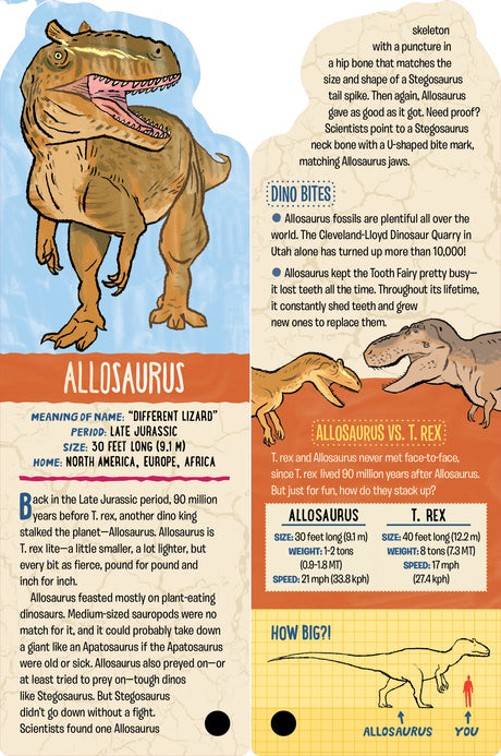 Fandex Kids: Dinosaurs Allosaurus card with facts, size, period, habitat, and comparison to T. rex in bold illustrations.