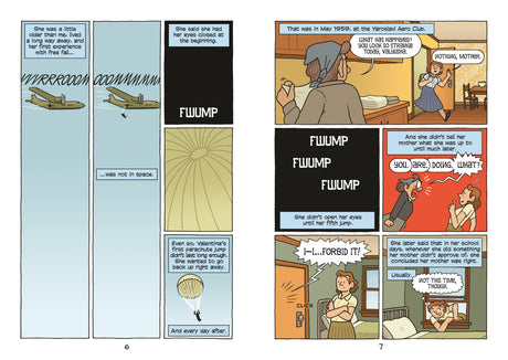 Astronauts graphic novel pages showing Valentina Tereshkova’s early skydiving and family moments before spaceflight.