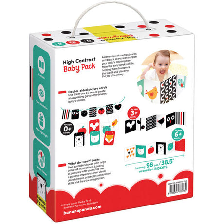 High Contrast Baby Pack with 7 double-sided cards and 2 accordion books for early visual and cognitive development.