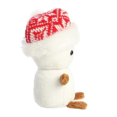 Snowman Marshmallow Lil Powder plush toy with red patterned Santa hat and twig arms, soft and cozy winter friend.
