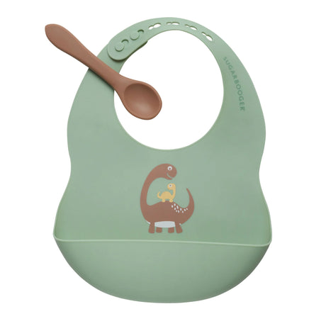 Baby Dinosaur Silicone Bib & Spoon Set in green with playful dinosaur design and adjustable silicone bib and matching spoon.