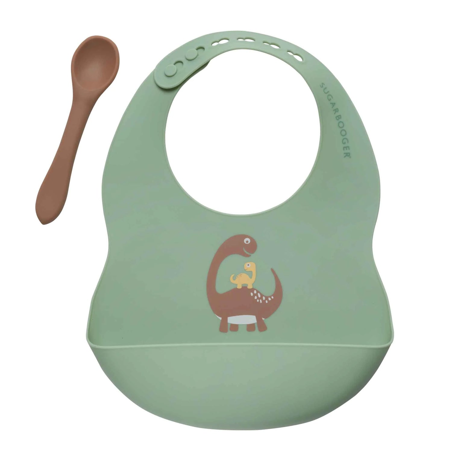 Baby Dinosaur Silicone Bib & Spoon Set in green with playful dinosaur design and mess-catching compartment, easy to clean.