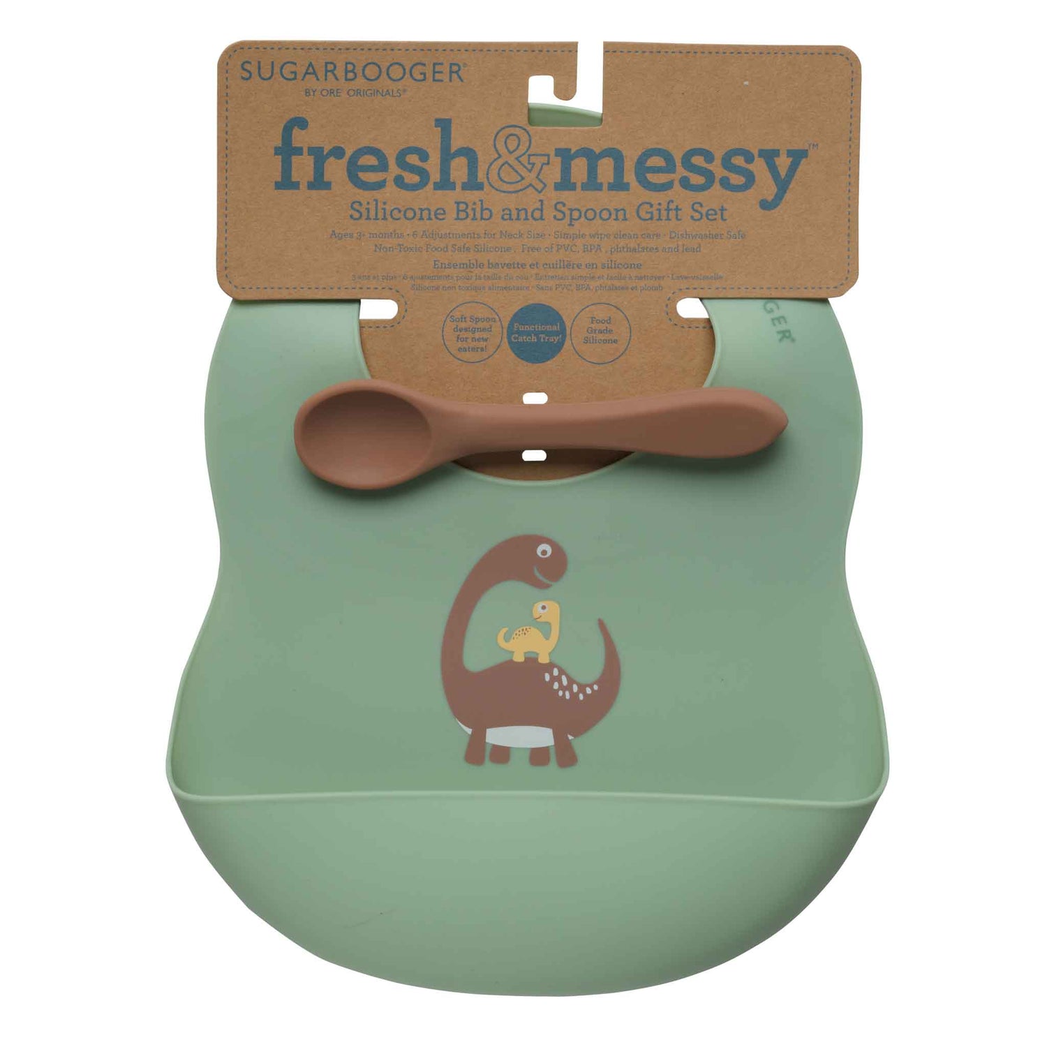 Baby Dinosaur Silicone Bib & Spoon Set in green with dinosaur design and matching silicone spoon for easy cleanup.