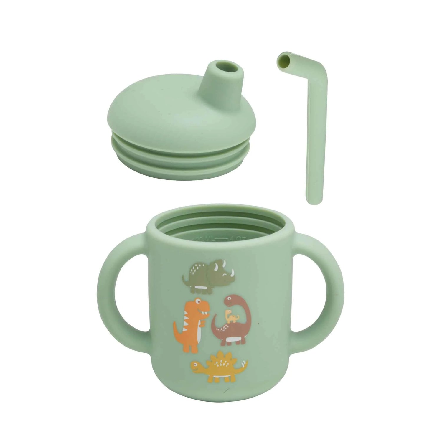 Fresh & Messy Sippy Cup | Baby Dinosaur in green with removable lid, straw, handles, and playful dinosaur design.