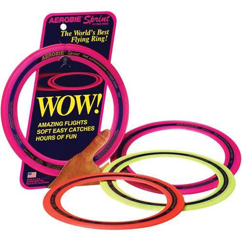 Aerobie Sprint Ring flying ring shown in bright colors with packaging highlighting easy catches and long flights.
