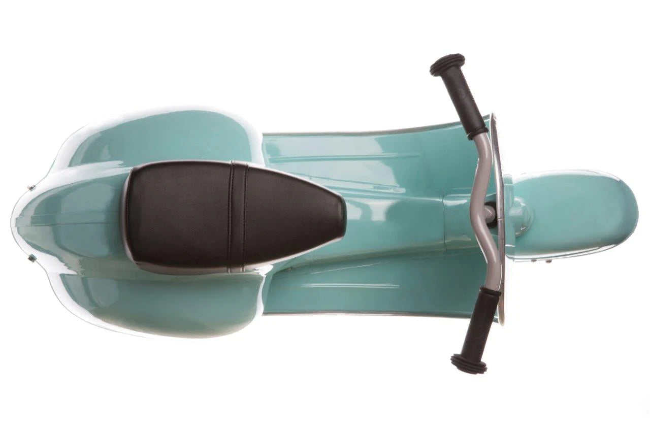 Primo Ride On Mint toddler scooter with mint green powder-coated metal frame and black cushioned seat viewed from above.