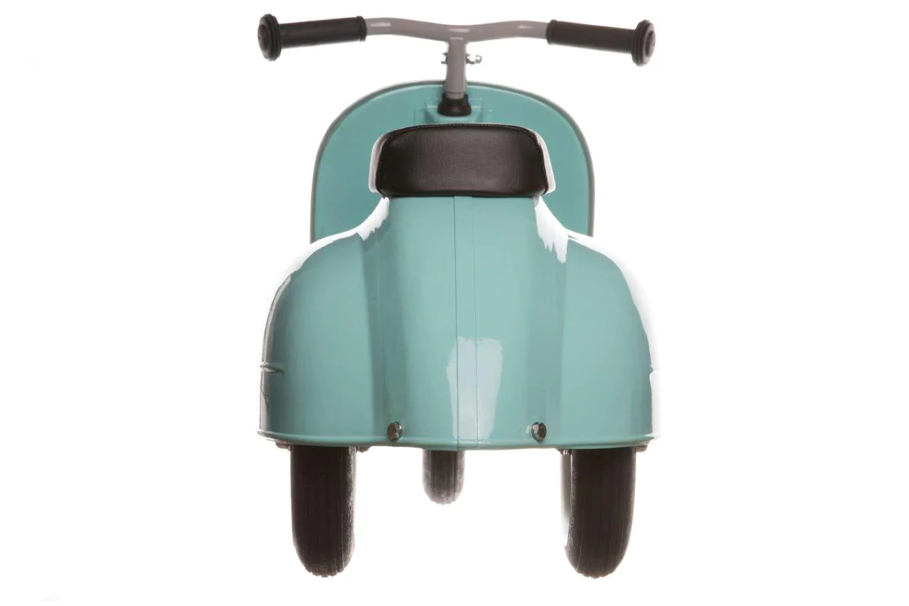 Front view of the Primo Ride On Mint toddler scooter with mint powder-coated frame and black cushioned seat.