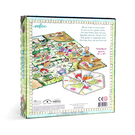 Gathering A Garden board game with colorful garden-themed pieces, a spinner, and illustrated game board for family play.