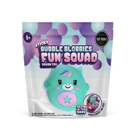 Fun Squad Bubble Blobbie packaging showing a green squishy toy with glow-in-the-dark features for ages 8 and up.