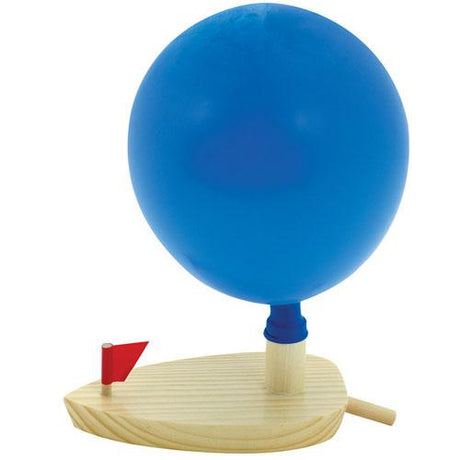 Wooden Balloon Powered Boat with inflated blue balloon and small red flag, designed for water propulsion and play.