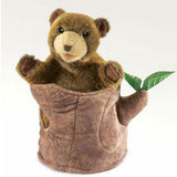 Bear In Tree Stump Puppet with soft fur and sweet face peeking from a tree stump, perfect for peek-a-boo play.