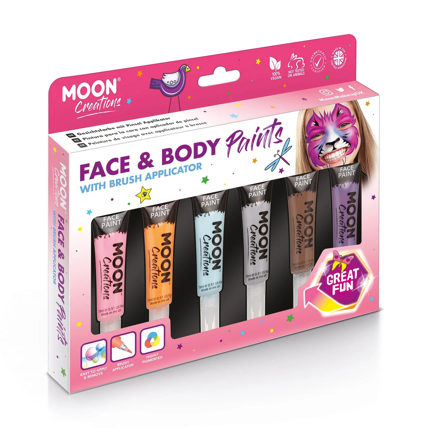 Face Paint Brush Tip - Adventure set with six tubes of water-based face and body paint with brush applicators for easy use.