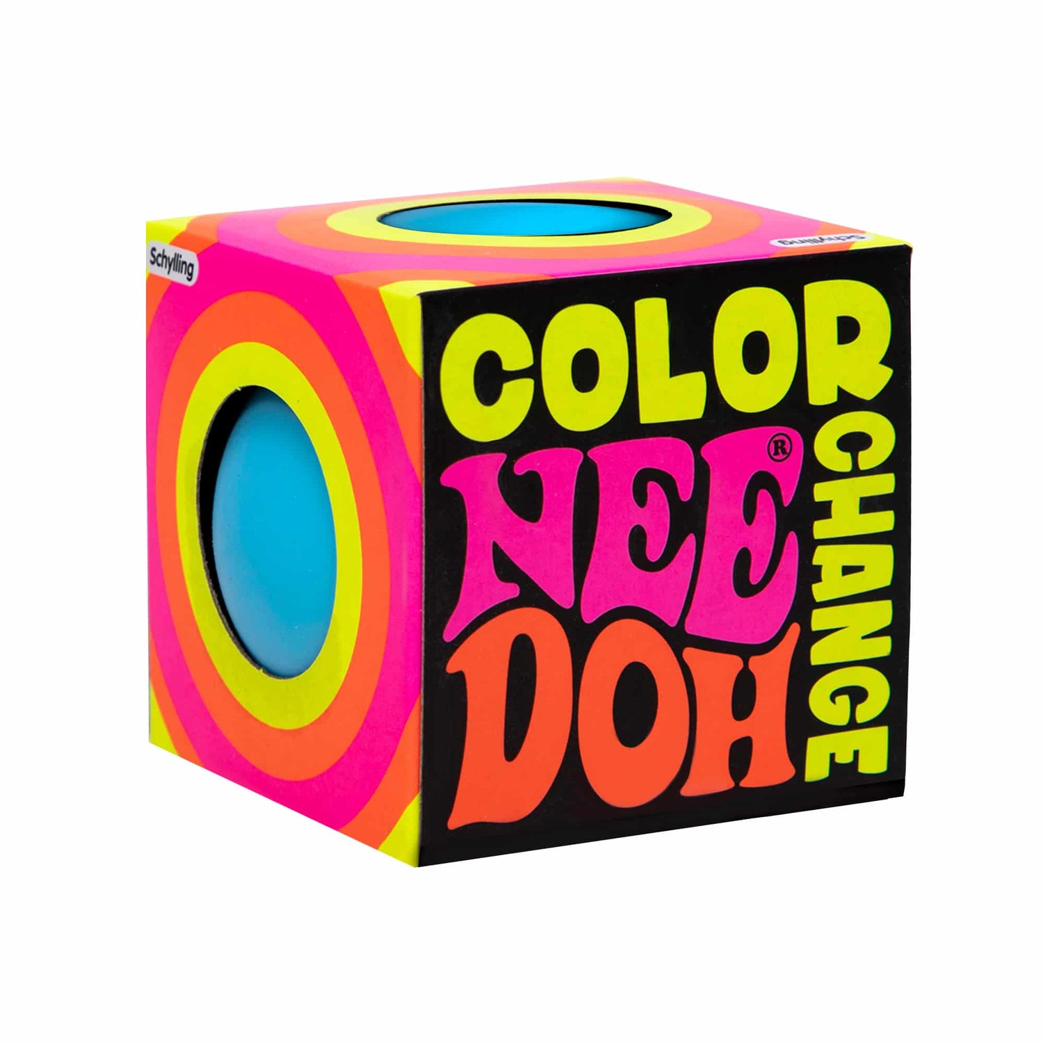 Color Changing NeeDoh packaging showing bright psychedelic design with a blue NeeDoh visible through circular window.