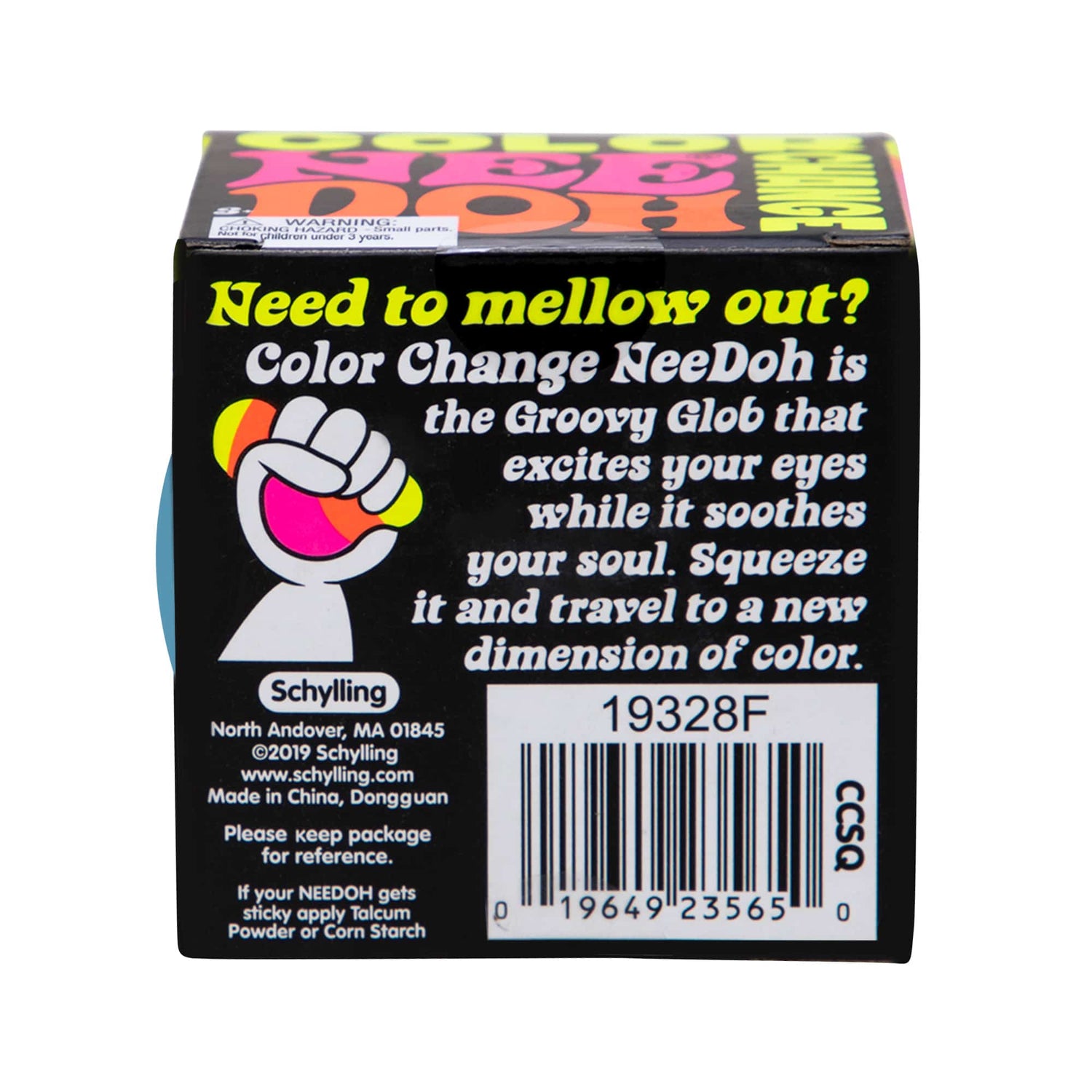 Box packaging of Color Change NeeDoh fidget toy showing product details and barcode on a black background.