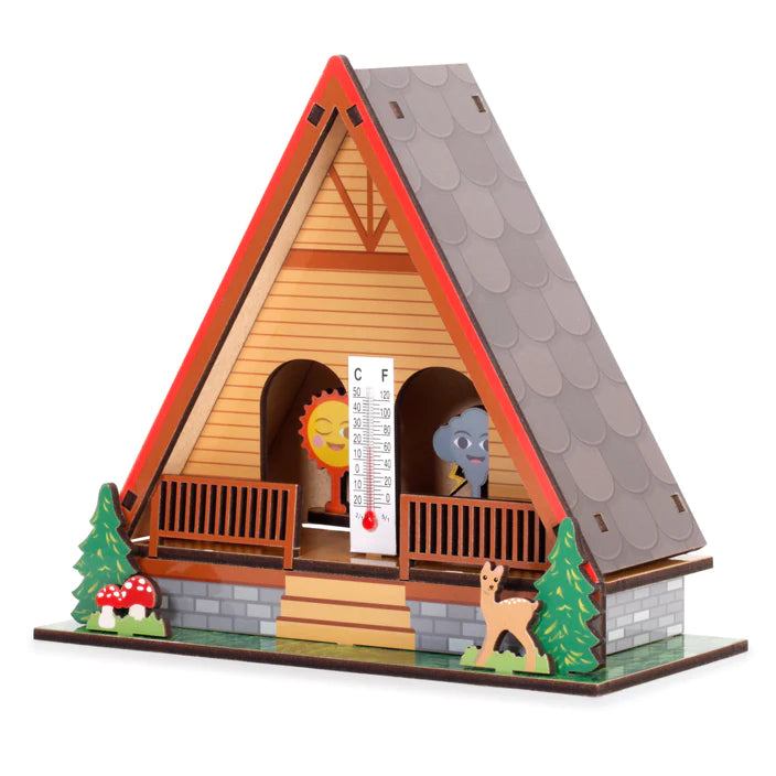 Make Your Own Weather House DIY model showing sunny and rainy weather symbols with trees and deer details.