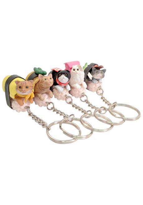 Sushi Cat Version 1 keychains featuring five cute cats dressed as different sushi pieces in a fun collectible set.