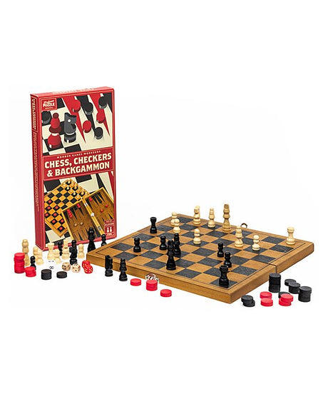 Chess Checkers & Backgammon wooden board game set with pieces and dice for classic 2 player games and family fun.