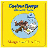 Curious George Stories to Share hardcover book with Curious George and friends enjoying a story on a bright yellow cover.