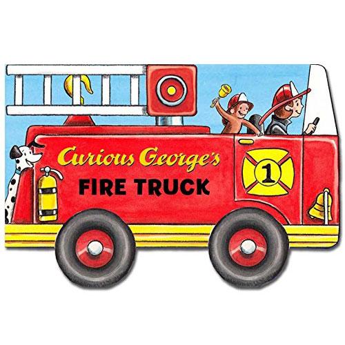 Curious George's Fire Truck board book with George, firefighters, and a Dalmatian on a bright red fire engine.