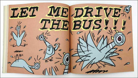 Don't Let the Pigeon Drive the Bus book open to a page where the pigeon demands to drive the bus.
