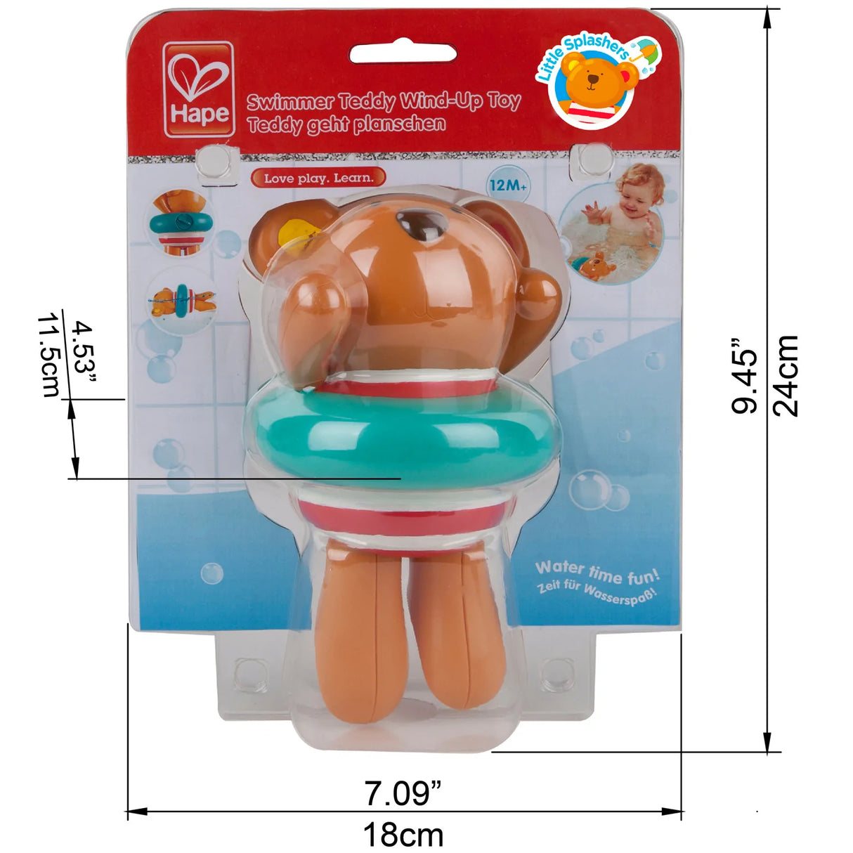 Swimmer Teddy Wind-Up toy in packaging, colorful bear with inflatable ring, safe for bath time play for ages 1 and up.