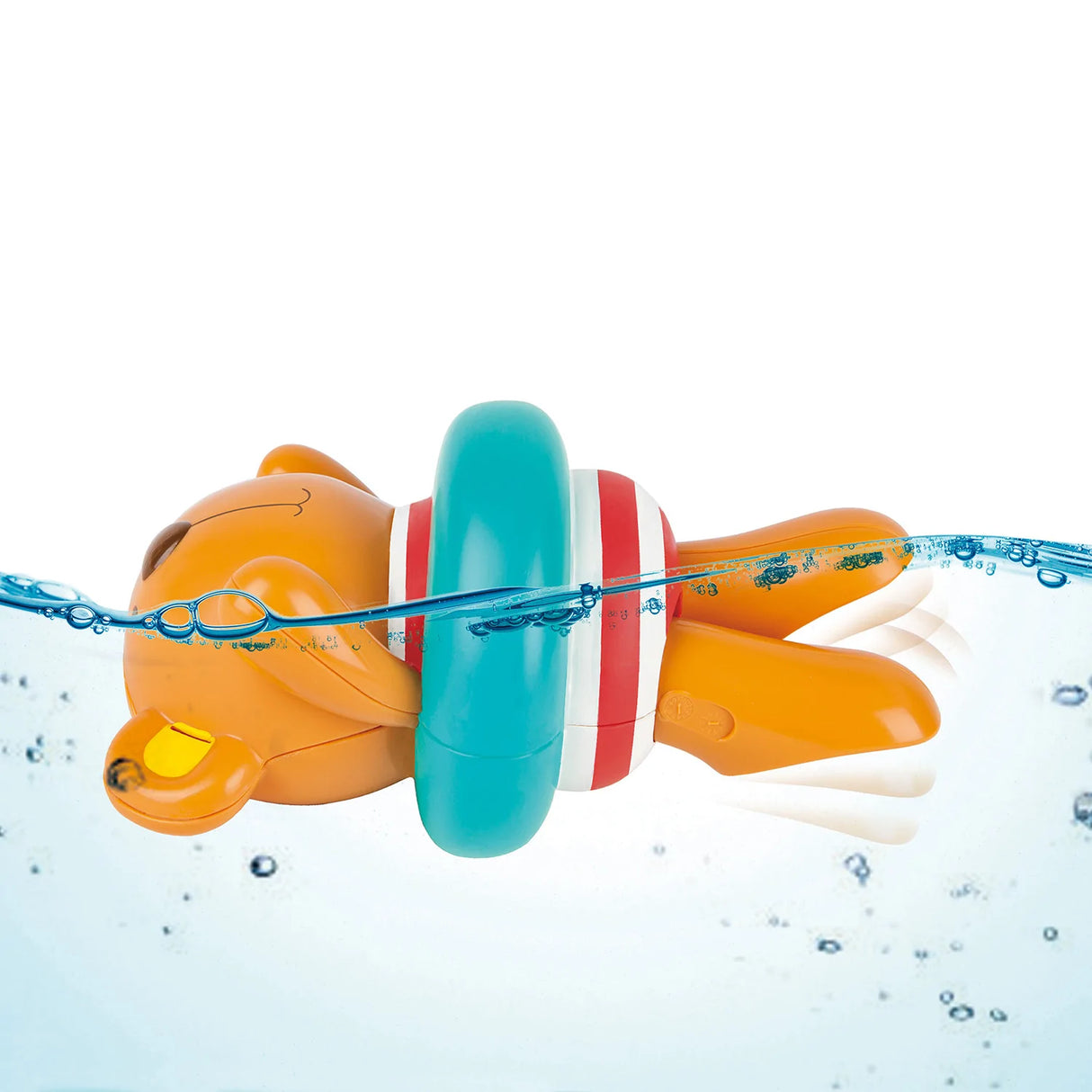 Swimmer Teddy Wind-Up toy floating in water with colorful swim ring, perfect for bath time fun for kids.