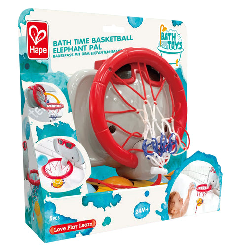 Elephant Pal Basketball bath toy with suction cup hoop and four soft floating balls for toddler play.