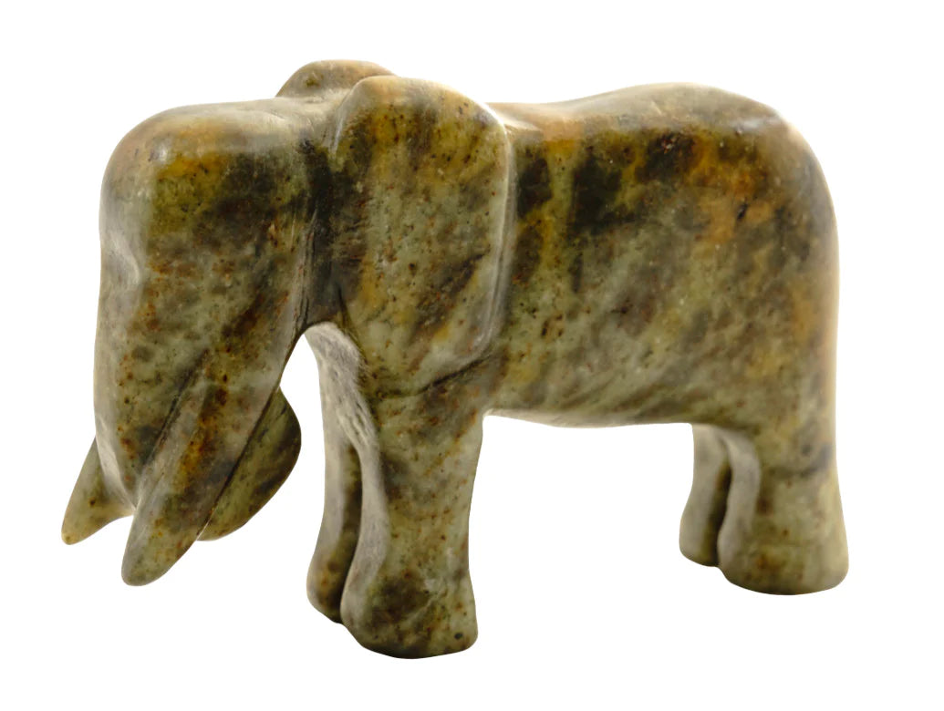 Soapstone Carving Kit | Elephant showing a polished green and brown natural stone elephant sculpture.
