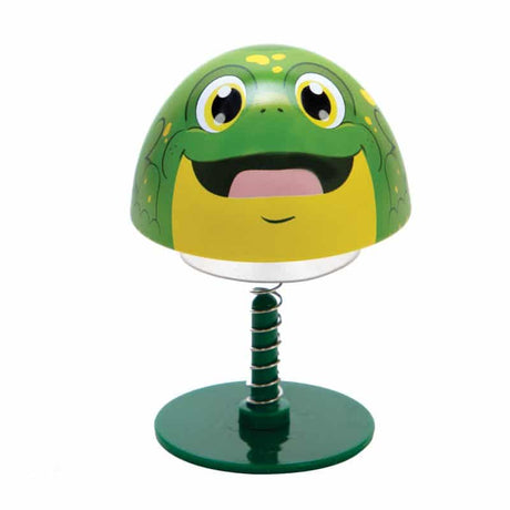Frog Popper tin toy with a spring base, green frog design that pops up when pressed down, fun for kids ages 5 and up.