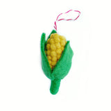 Corn Felt Ornament handmade from yellow and green sheep wool with hanging string for Christmas tree decoration.
