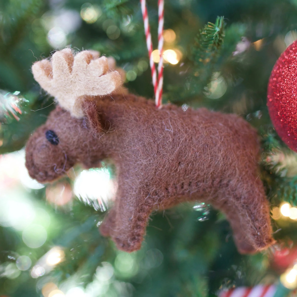 Moose Felt Ornament hangs on Christmas tree, handmade wool craft showing a charming brown moose decoration.