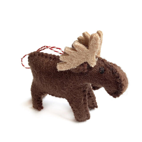 Handmade Moose Felt Ornament made from colorful sheep wool, perfect as a charming Christmas decoration or stocking stuffer.
