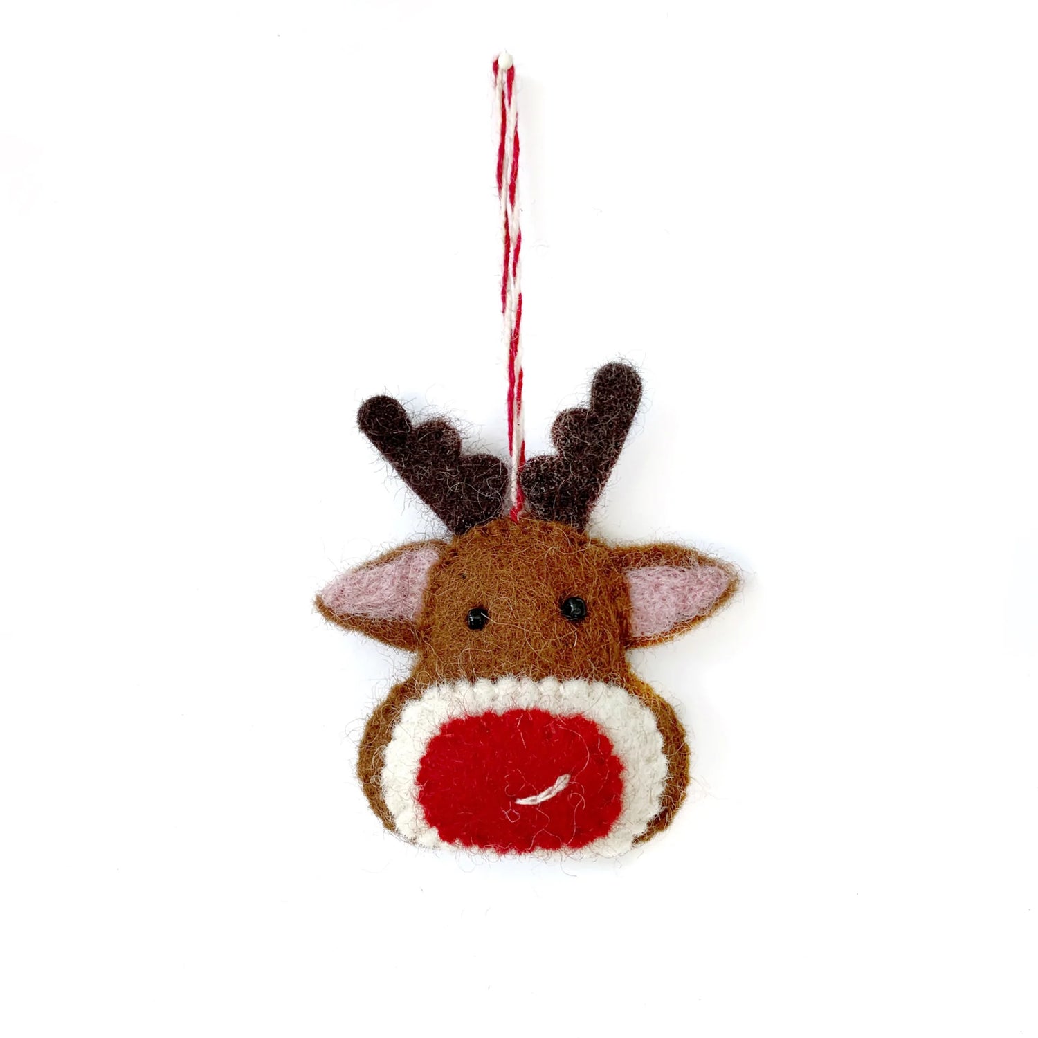 Reindeer Felt Ornament handmade from colorful sheep wool with red nose, antlers, and hanging string for holiday decor.