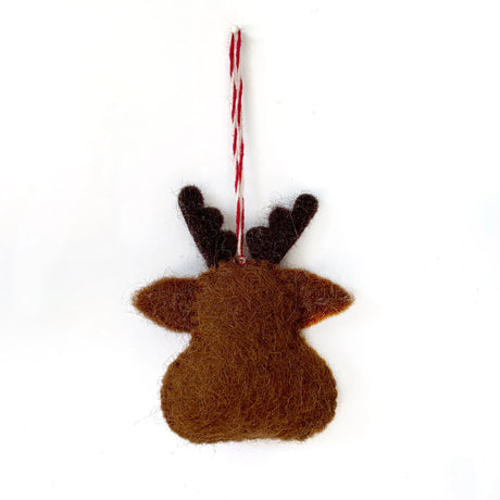 Reindeer Felt Ornament handmade from sheep wool with dark brown antlers and red string for hanging on Christmas tree.