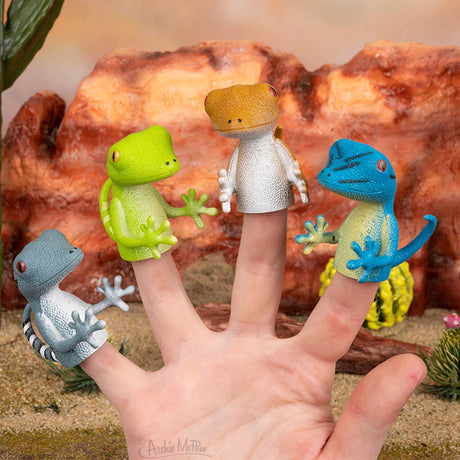Finger Gecko finger puppets on each finger in various colors, soft vinyl lizard toys for playful fun.