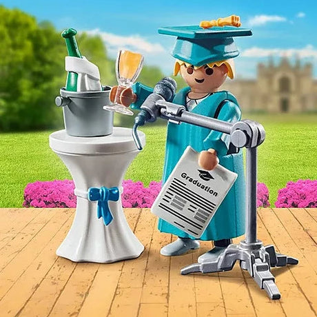 Special Plus | Graduate figure in cap and gown giving speech with microphone, table, champagne, and diploma accessories.