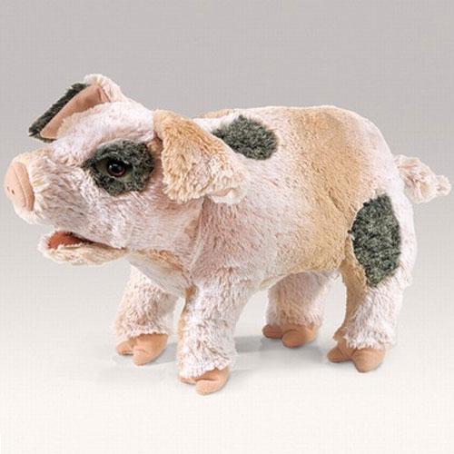 Grunting Pig Puppet plush with grey patches, curly tail, movable snout and front trotters, 14 inches long for kids 3 and up.