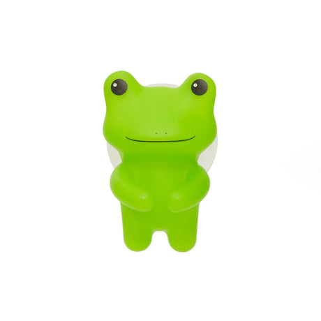 Toothbrush Holder | Frog in bright green with suction for holding toothbrushes on smooth surfaces.