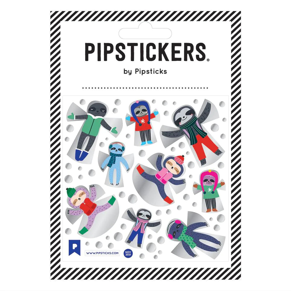 Sloth Angels Stickers featuring cute sloths in winter outfits with silver glitter foil on clear backing by PipStickers.