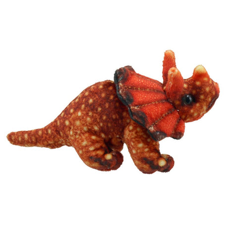 Triceratops Finger Puppet soft plush toy in brown with orange frill, perfect for imaginative Jurassic play and kids ages 1 and up.
