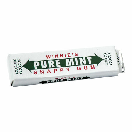 Snappy Gum with Pure Mint flavor in a white wrapper featuring bold green and red text and arrows on both sides.