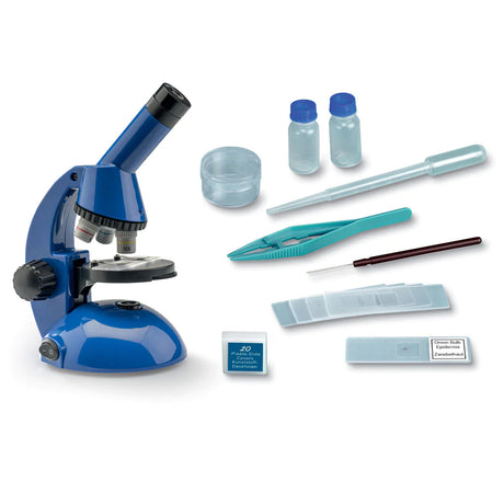 Kids First Biology Lab microscope kit with slides, tweezers, pipette, and sample containers for kids 8 and up.