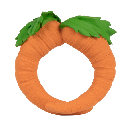 Natural Teether | Cathy the Carrot, a soft, safe, eco-friendly baby toy shaped like a carrot for teething and sensory play.