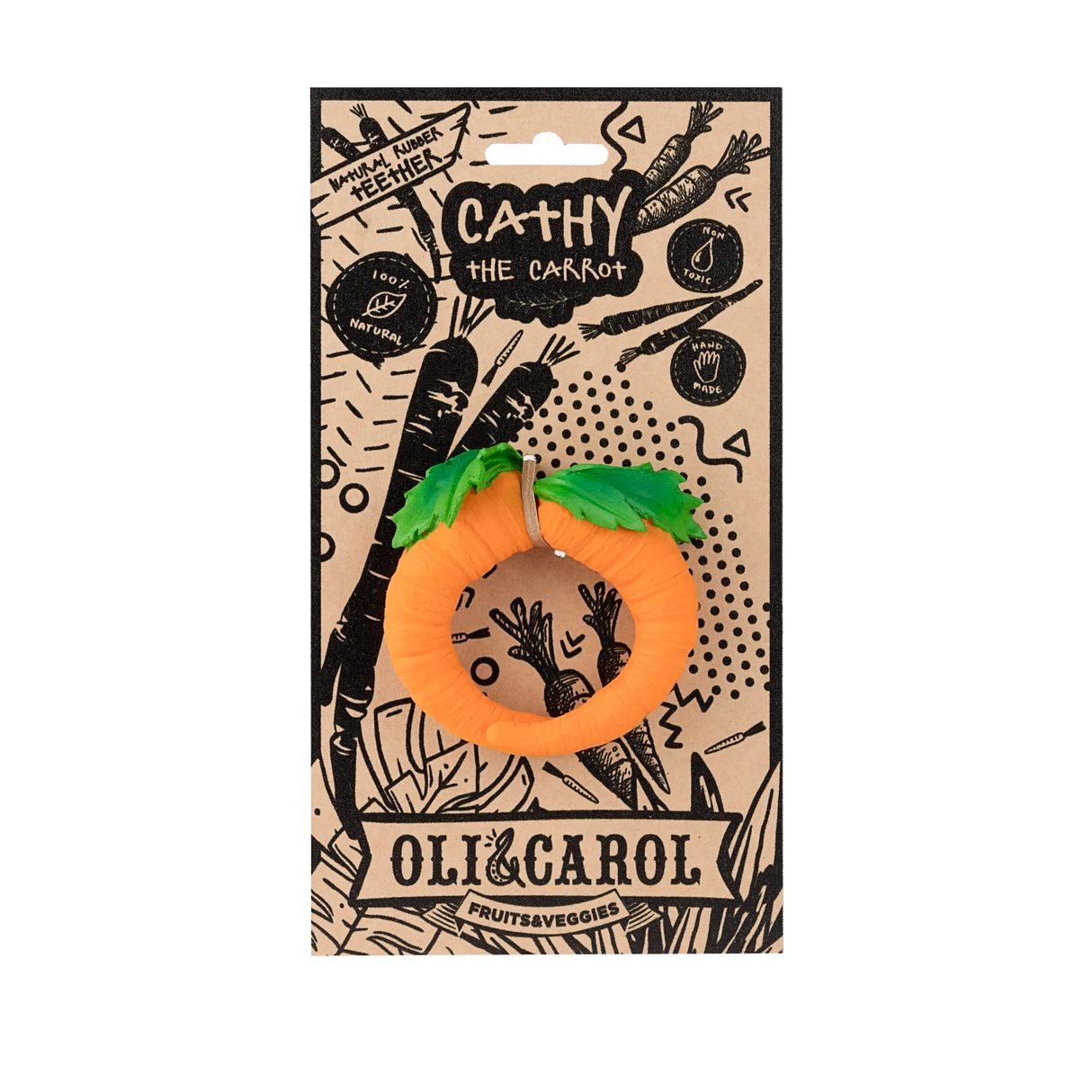 Natural Teether | Cathy the Carrot soft, safe vegetable-shaped baby teether made with 100% natural rubber.
