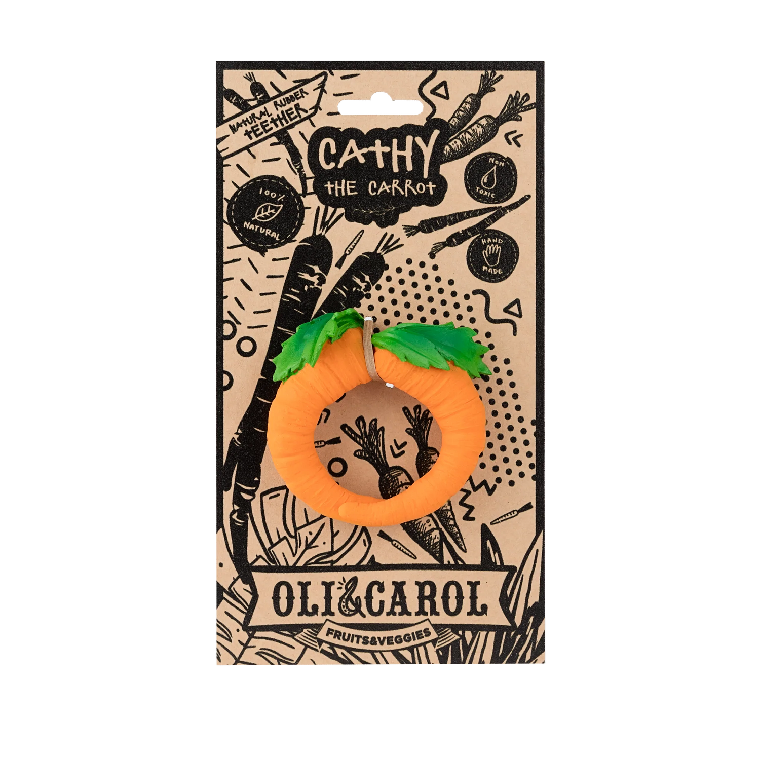 Natural Teether | Cathy the Carrot soft, safe vegetable-shaped baby teether made with 100% natural rubber.