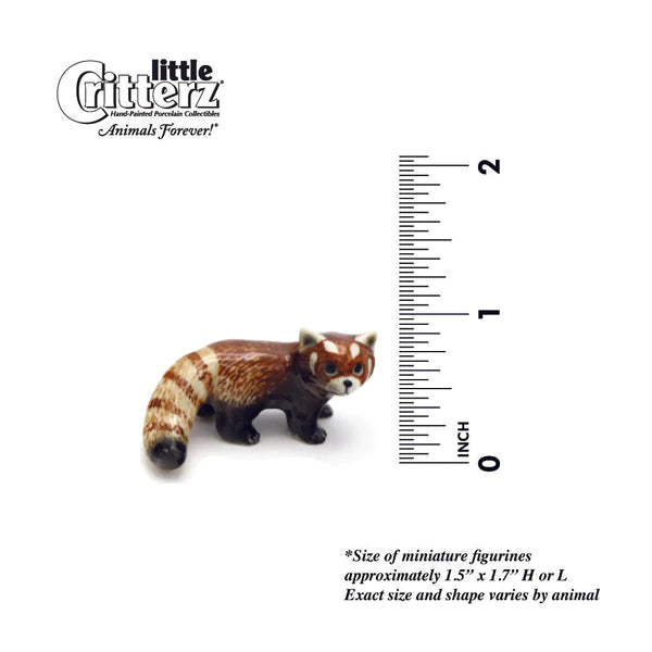 Critterz Red Panda Firefox miniature porcelain figurine next to a ruler showing size about 1.7 inches tall.