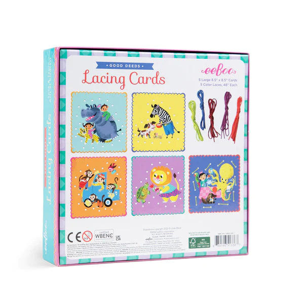 Lacing Cards Good Deeds set showing 5 animal-themed lacing cards with colorful laces for fine motor skill play.